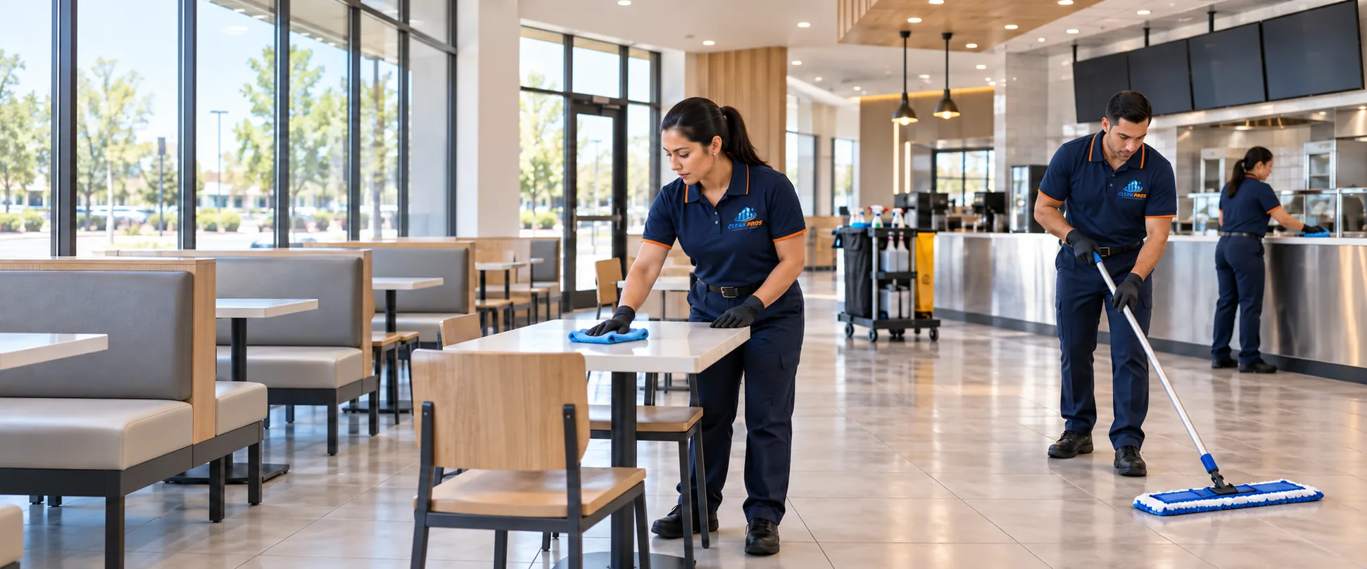 Clean Pros team carefully cleaning tables and floors in a restaurant