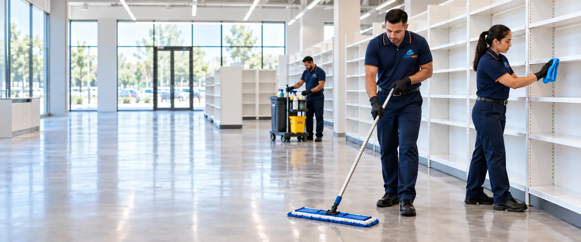 Clean Pros team cleaning floors and shelving in a bright retail store